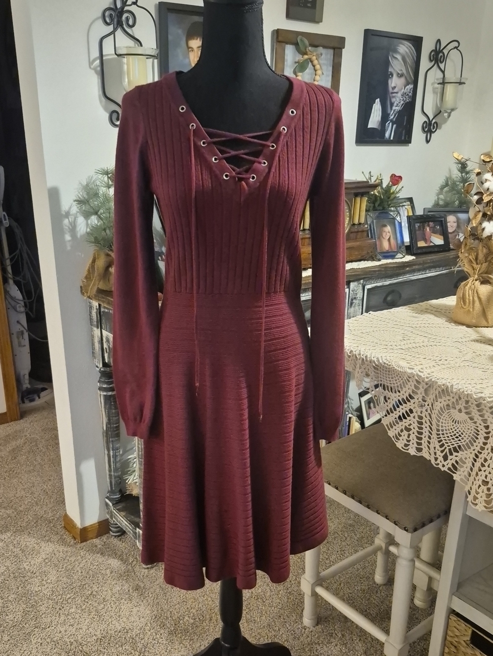 Xhilaration Lace-Up Long Sleeve Knit Dress - Burgundy